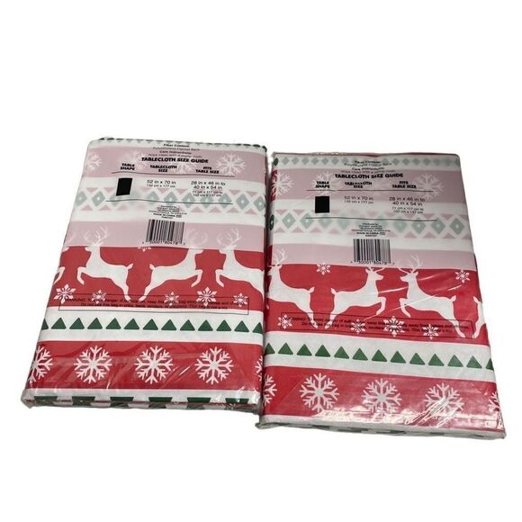 HOLIDAY STYLE Two  Rectangular Tablecloth  52”X70” Red & White Christmas Reindee - Picture 1 of 5